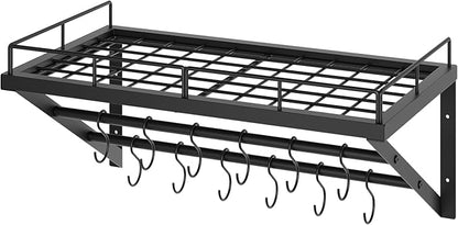 YATINEY Wall Mounted Pot Rack, 23.8 Inch Pot and Pan Organizer with 2 Tier Hanging Rails, 12 S-Hooks, Metal Pot Rack for Kitchen Cookware Organizer, Space Saving, for Kitchen Utensils, Black PR01BK - Image 9