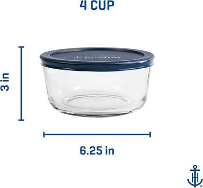 Anchor Hocking SnugFitTM Round Food Storage Containers with Lids (4-Piece, 4-cup, Navy Blue, oven-safe)