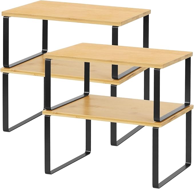 NEX Cabinet Organizer Shelf Set of 4, Stackable Kitchen Counter Shelves, Expandable Spice Rack Pantry Organizers, Bathroom Cupboard Storage Desk Riser, Bamboo and Metal, Black by NEX