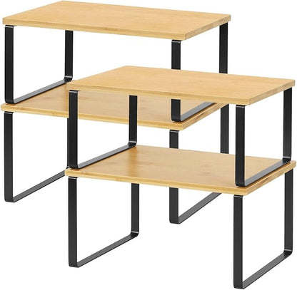 NEX Cabinet Organizer Shelf Set of 4, Stackable Kitchen Counter Shelves, Expandable Spice Rack Pantry Organizers, Bathroom Cupboard Storage Desk Riser, Bamboo and Metal, Black by NEX