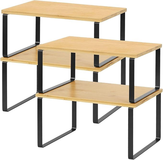 NEX Cabinet Organizer Shelf Set of 4, Stackable Kitchen Counter Shelves, Expandable Spice Rack Pantry Organizers, Bathroom Cupboard Storage Desk Riser, Bamboo and Metal, Black by NEX