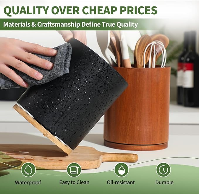 Wooden Utensil Holder, 360°Rotating 7.3'' Large Utensil Holder for Kitchen Counter, Kitchen Utensil Organizer, Utensil Crock, Farmhouse Kitchens Countertop Decor, Black Color - Image 4