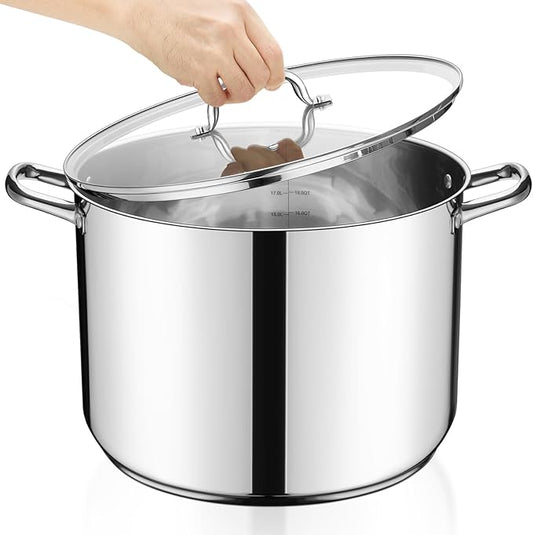 E-far 24-Quart Large Stock Pot, Stainless Steel Stockpot with Lid for Boiling Cooking Soup Stew Canning, Heavy Duty Tri-Ply Bottom Works w/Induction, Commercial Grade & Dishwasher Safe by E-far