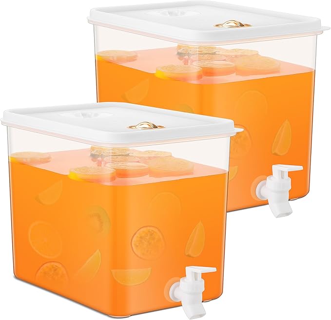 Domensi 2 Pack 2 Gallon Drink Dispenser for Fridge with Spigot Water Dispenser Leak Proof Lids Filter Screen Beverage Juice Container Sealed Plastic Lemonade Milk Cold Hot Drink Tea Jug for Party by Domensi