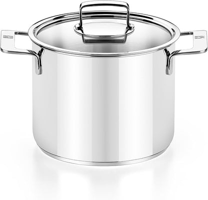 BRA COOKWARE Signature Stainless Steel Stock Pot w/Glass Lid | 9.5 Inch 9 Quart Professional Grade Cooking Pot | PFOA Free Deep Pot | All Cooktops | All Cooktops (incl. Induction) & Oven Safe