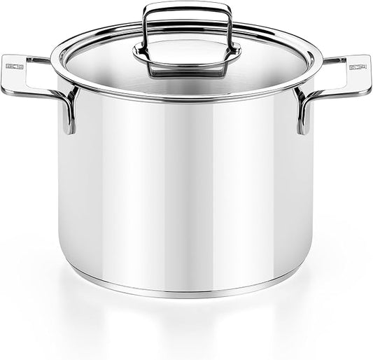 BRA COOKWARE Signature Stainless Steel Stock Pot w/Glass Lid | 9.5 Inch 9 Quart Professional Grade Cooking Pot | PFOA Free Deep Pot | All Cooktops | All Cooktops (incl. Induction) & Oven Safe