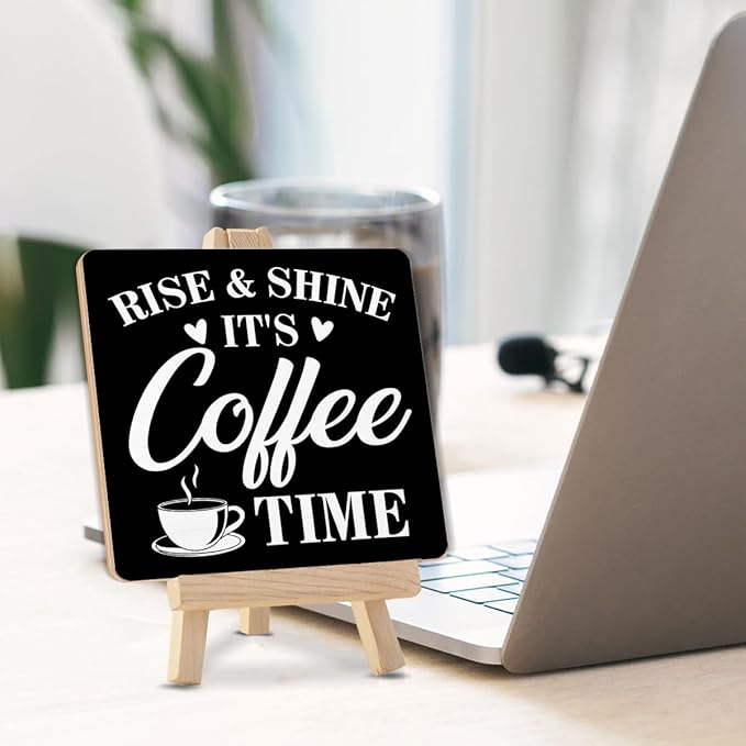Coffee Bar Decor, Rise and Shine It's Coffee Time Wood Sign with Easel Home Kitchen Desk Shelf Tabletop Table Decor - Image 3