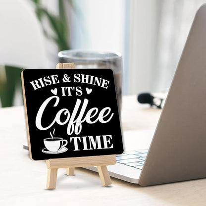 Coffee Bar Decor, Rise and Shine It's Coffee Time Wood Sign with Easel Home Kitchen Desk Shelf Tabletop Table Decor - Image 3