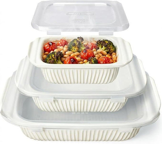 Artena Casserole Dishes For Oven, Ceramic Baking Dish, Large Lasagna Pan With Handles, Baking Pan Casserole Dish, Rectangular Bakeware Deep, White, Set Of 3 (5.1Qt/2.3Qt/1.1Qt) (Baking Dish With Lids) by Artena
