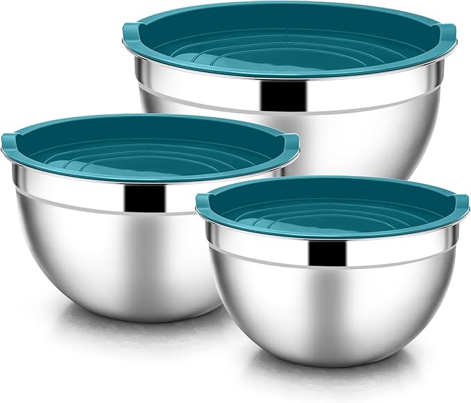 E-far Mixing Bowls with Lids, 6-Piece Stainless Steel Salad Bowls Metal Nesting Bowls for Baking Cooking and Prepping, Airtight Lids & Stackable Design, Size 4.5, 3, 1.5 QT (Blue) by E-far