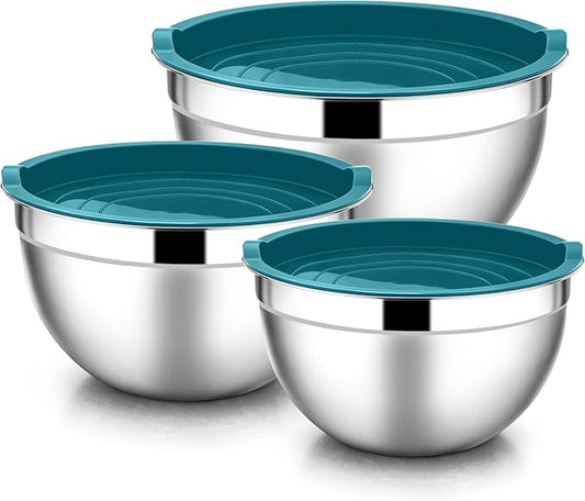 E-far Mixing Bowls with Lids, 6-Piece Stainless Steel Salad Bowls Metal Nesting Bowls for Baking Cooking and Prepping, Airtight Lids & Stackable Design, Size 4.5, 3, 1.5 QT (Blue) by E-far