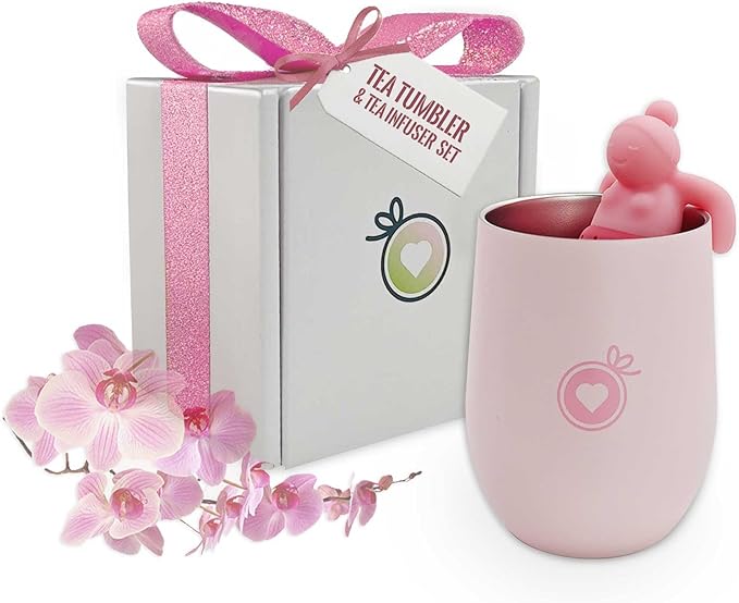 Gift Set for Women - Pink Tumbler with Infuser and Cute Silicone Infuser Girl for Loose Leaf Tea, Ideal Gift for Tea Lovers, Set of 2