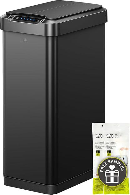 EKO Phantom-T 13.2 Gallon/ 50L Automatic Sensor Kitchen Trash Can, Slim Stainless Steel Touchless Garbage Bin with Soft-Close Dual Wing Lid for Home & Office, Matte Black by EKO