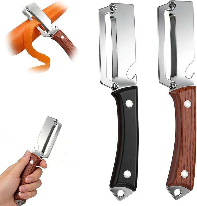 2PCS Premium Vegetable Peeler with Wooden Handle and Bottle Opener,Multifunctional 2-in-1 Stainless Steel Kitchen Tool for Potato Fruit Pineapple Pumpkin Papaya Carrot Vegetable Peeler(Mix) by Unknown