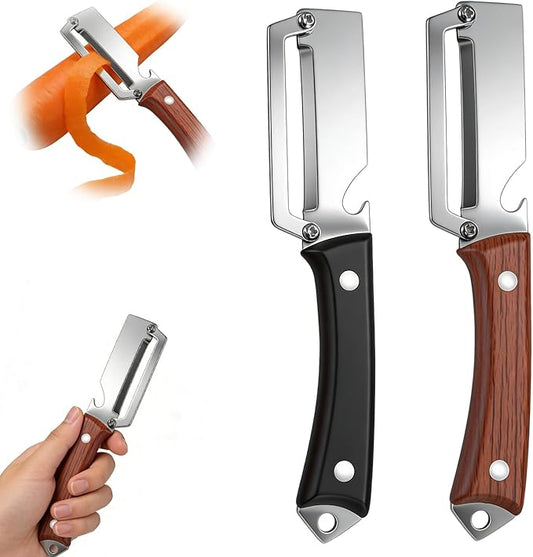2PCS Premium Vegetable Peeler with Wooden Handle and Bottle Opener,Multifunctional 2-in-1 Stainless Steel Kitchen Tool for Potato Fruit Pineapple Pumpkin Papaya Carrot Vegetable Peeler(Mix) by Unknown