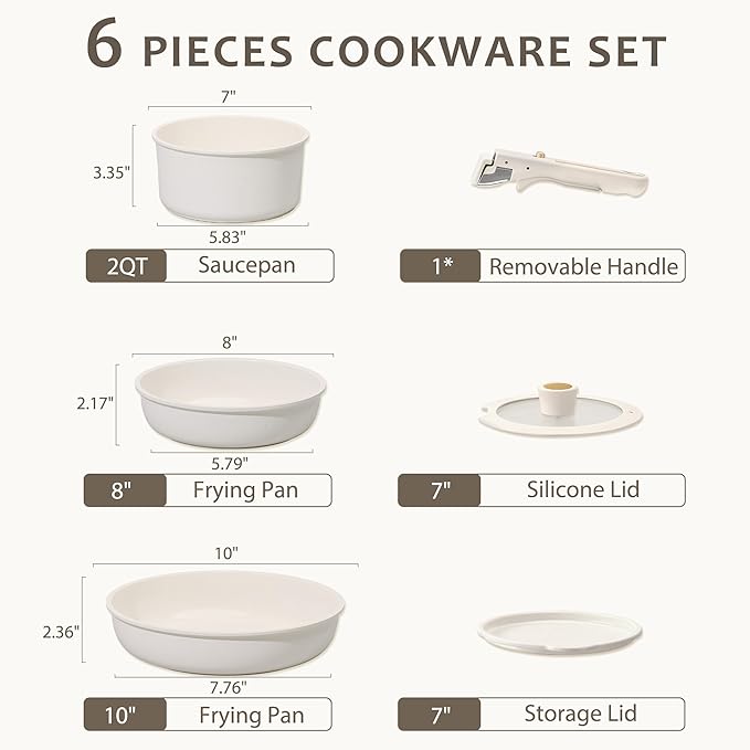 CAROTE 6pcs Pots and Pans Set Non Stick, Cookware Sets, Kitchen Set, Oven/Fridge Safe, Space Saving Pots Set, Nonstick Cooking Set with Versatile Detachable Handle, Induction RV Set - Image 2