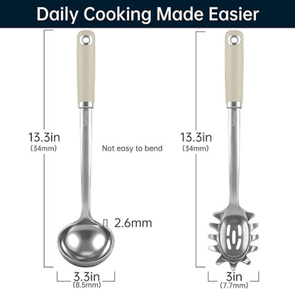 Safring Stainless Steel Soup Ladle and Spaghetti Spoon Set, Heat Resistant Rubber Handle, Dishwasher Safe, Kitchen Utensils for Cooking, Stirring, Serving Pasta, Soup & Sauce (Beige) - Image 2
