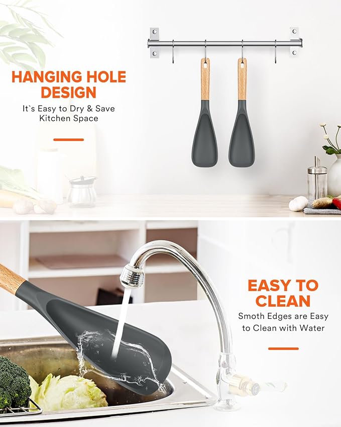 Cooking Spoon for Nonstick Cookwares, Great for Cooking and Serving Sturdy BPA-Free Matte Silicone, Wood Handle Spoon for Mixing, Scoop, and Scrape (2 Pack of Grey, 11.4 inch) - Image 7