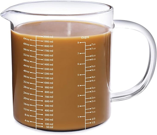 77L Glass Measuring Cup, [Insulated handle, V-Shaped Spout], High Borosilicate Glass Measuring Cup for Kitchen or Restaurant, Easy To Read, 2000 ML (2 Liter, 8 Cup) by 77L