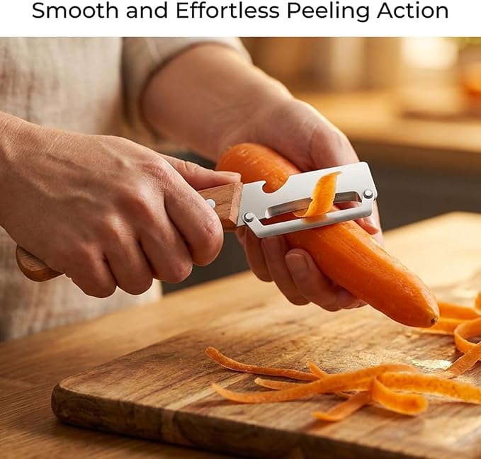 2 Pack Multifunctional Vegetable Peeler, Stainless Steel Blade with Ergonomic Wooden Handle, Non-Slip Fruit & Potato Peeler for Kitchen Use