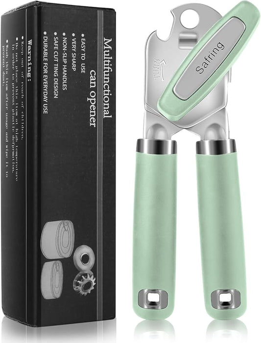 Safring Can Opener Manual, Heavy Duty Handheld Strong Can Opener with Soft Touch Handle, Sharp Blade Smooth Edge, Can Openers with Multifunctional Bottle Opener, Mint by Safring