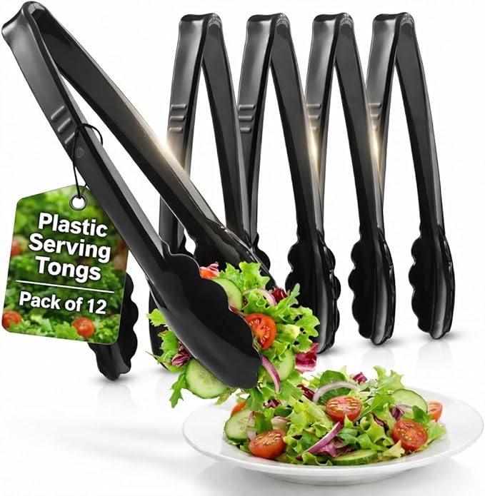 Plastic Tongs for Serving (Pack of 12) 9 Inch - Heavy-Duty Hard Plastic Reusable or Disposable Serving Tongs for Catering, Dinner Parties, Banquets, Buffets, Events, Weddings and Everyday Use, Black by JoyServe