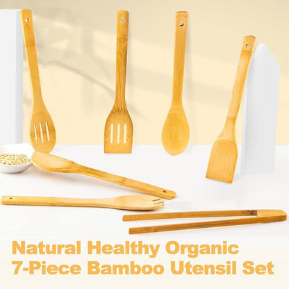 Eisinly Wooden Spoons for Cooking 7-Piece, Kitchen Nonstick Bamboo Cooking Utensils Set, Healthy Bamboo Wooden Spatula Spoon for Cooking - Image 3