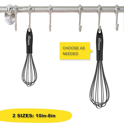 NileHome Silicone Whisk Set 8" 10" Kitchen Whisk Kitchen Wisk Wire Whisks for Cooking, Whisking, Blending, Beating, Stirring-Black - Image 2