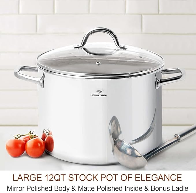 HOMICHEF 12 Quart LARGE Stock Pot with Glass Lid - NICKEL FREE Stainless Steel Healthy Cookware Stockpots with Lids 12 Quart - Mirror Polished Induction Pot - Commercial Grade Soup Cooking Pot - Image 2