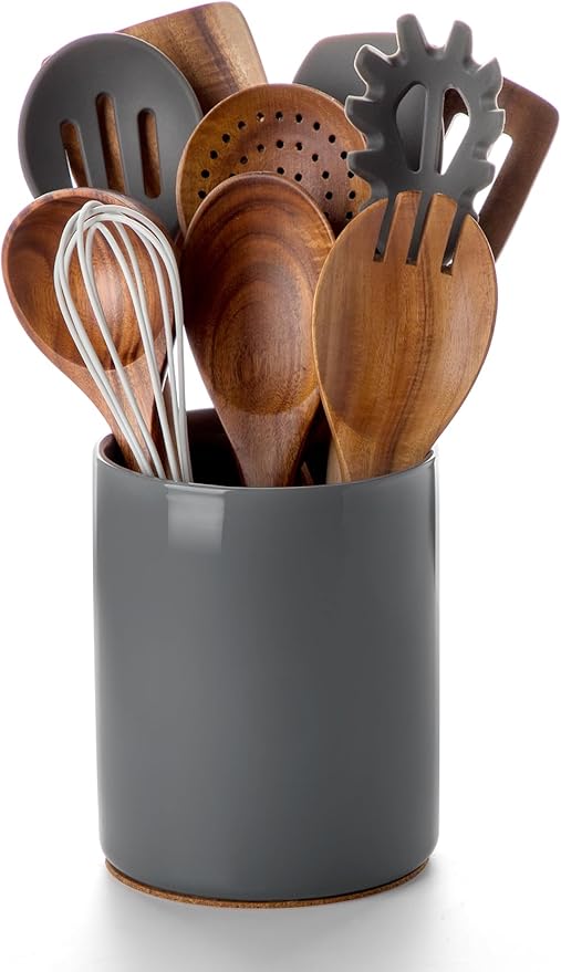 Nucookery Utensil Holder, 6.4" Ceramic Kitchen Utensil Holder for Countertop with Protection Cork Bottom, Vintage Farmhouse Kitchen Decor for Counter (Gray) by Nucookery