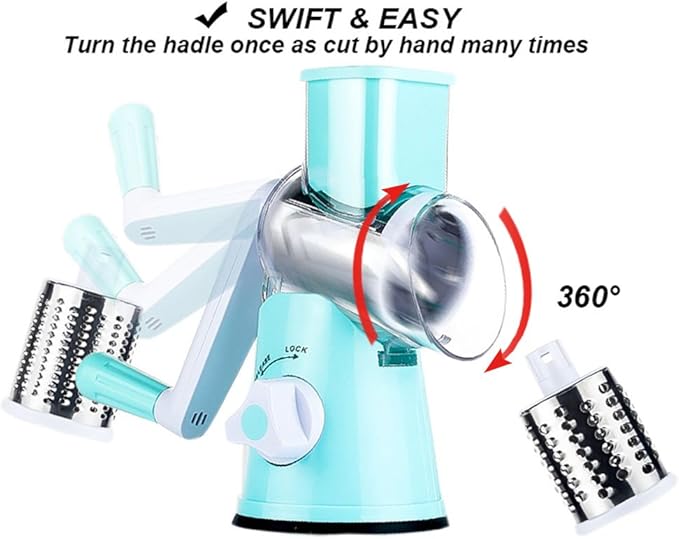 Cambom Rotary Cheese Grater Hand Crank Cheese Shredder for Fresh Cheese, Vegetable, Nuts,Non-slip Suction Base, Free Cleaning Brush Three Blades, Blue - Image 8