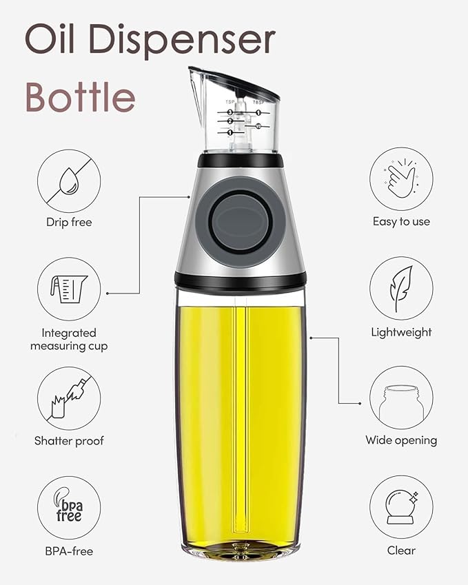 Oil Dispenser Bottle, 17oz Olive Oil Dispenser Oil Sprayer, Clear Glass Refillable Oil and Vinegar Dispenser Bottle with Measuring Scale Pump for Kitchen, Cooking, Salads, Baking Frying
