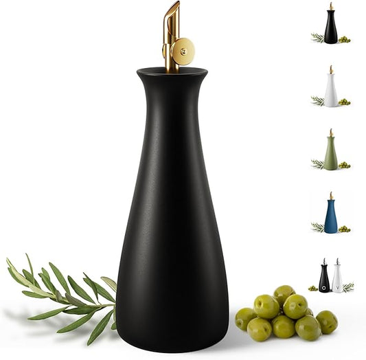 HB Design Co. Ceramic Olive Oil Dispenser with Self-Closing Gold Spout - 530 ML Capacity Matte White Ceramic Oil Dispenser for Kitchen - Leak Proof EVOO Dispensing Bottle by HBDesignCo