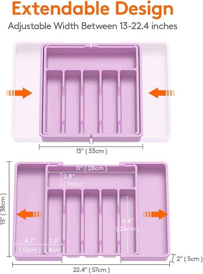 Lifewit Silverware Drawer Organizer, Expandable Utensil Tray for Kitchen, BPA Free Flatware and Cutlery Holder, Adjustable Plastic Storage for Spoons Forks Knives, 13-22 x 15", Purple - Image 3