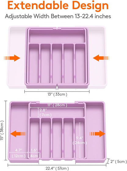 Lifewit Silverware Drawer Organizer, Expandable Utensil Tray for Kitchen, BPA Free Flatware and Cutlery Holder, Adjustable Plastic Storage for Spoons Forks Knives, 13-22 x 15", Purple - Image 3