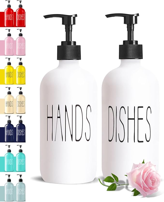 COHOSEGE 16 Oz Glass Soap Dispenser Set 2 Pack for Kitchen Sink,Contains Hand and Dish Soap Dispenser,White Kitchen Utensils by COHOSEGE