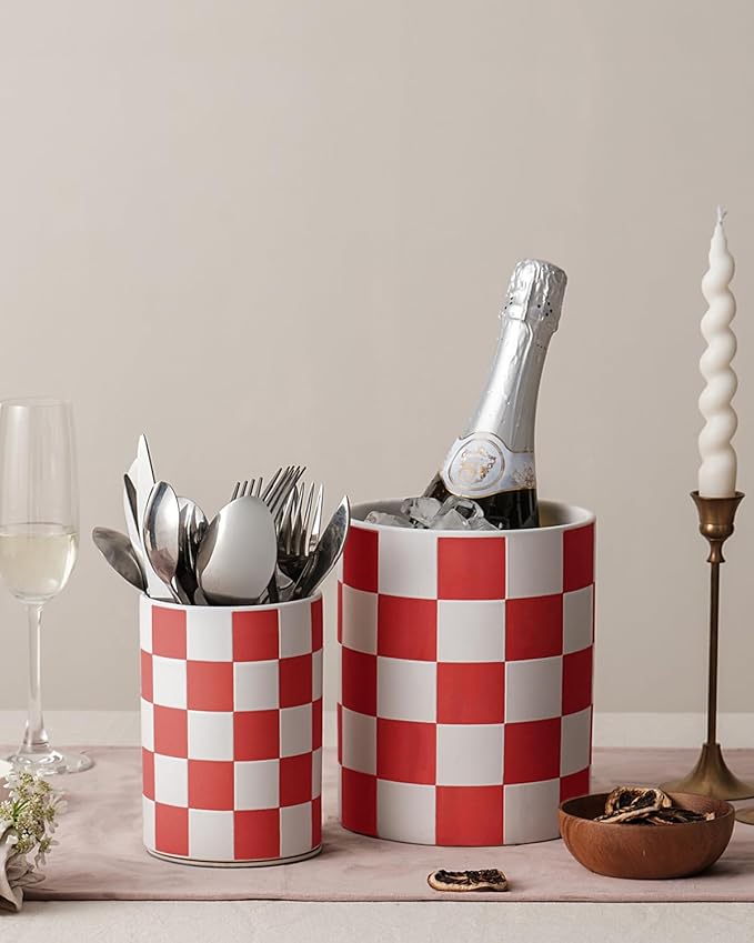 Utensil Holder，7.1"+5.8" Ceramic Kitchen Utensil for Counter top, Checkered Cooking Utensil Holder for Spatula & Spoon, Kitchen Decor, Set of 2 (Red Checkered) - Image 6