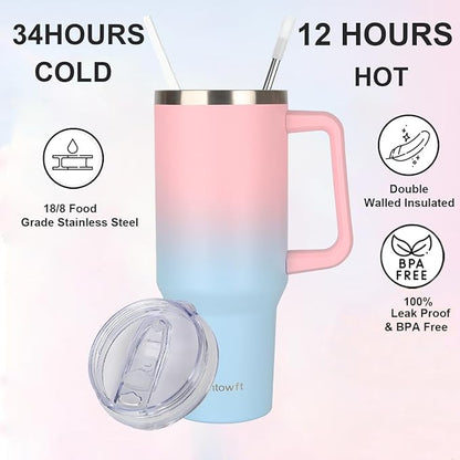 40oz Stainless Steel Double Vacuum Tumbler with Handle, Straw Lid, Carrier Bag, Purse Pouch Phone Pocket, Gym Water Bottle Travel Mug and Sleeve Holder for Men Women (Pink/blue)