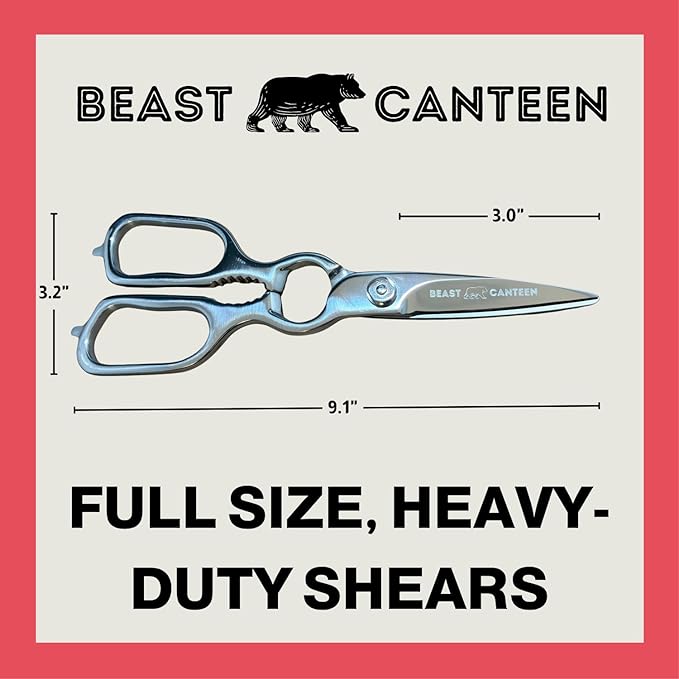 Heavy Duty Kitchen Scissors for Food — All Purpose Cooking Scissors, All Stainless Steel, No Plastic, Come-Apart Blades for Easy Cleaning, Dishwasher Safe, 5-in-1 Multi-Tool
