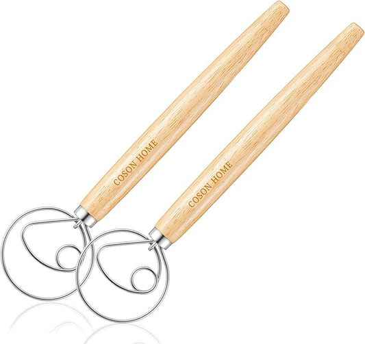 Pack of 2 Danish Dough Whisk, Kitchen Baking Flour Mixing Tool for Sourdough, Bread, Flour Paste, Butter, Pancake, Pizza, Cake, Pastry, Biscuits, Wooden Handle Stainless Steel Ring by CosonHome