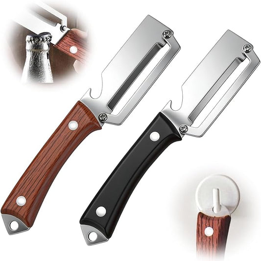 2Pcs Premium Vegetable Peeler with Wooden Handle and Bottle Opener,Multifunctional 3-in-1 Stainless Steel Kitchen Tool for various fruits and vegetables that require peeling（Black + Brown） by Unknown