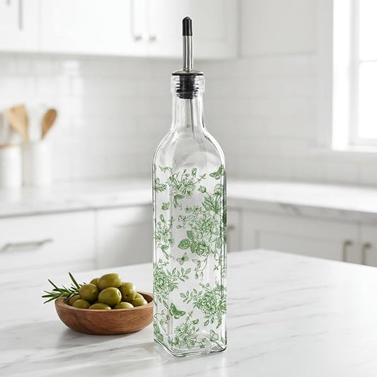 JarThenaAMCS Chinoiserie Olive Oil Dispenser Bottle Green Floral Glass Cruet Bottle with Spout Cooking Vinegar Container for Home Kitchen Table Countertop Decor