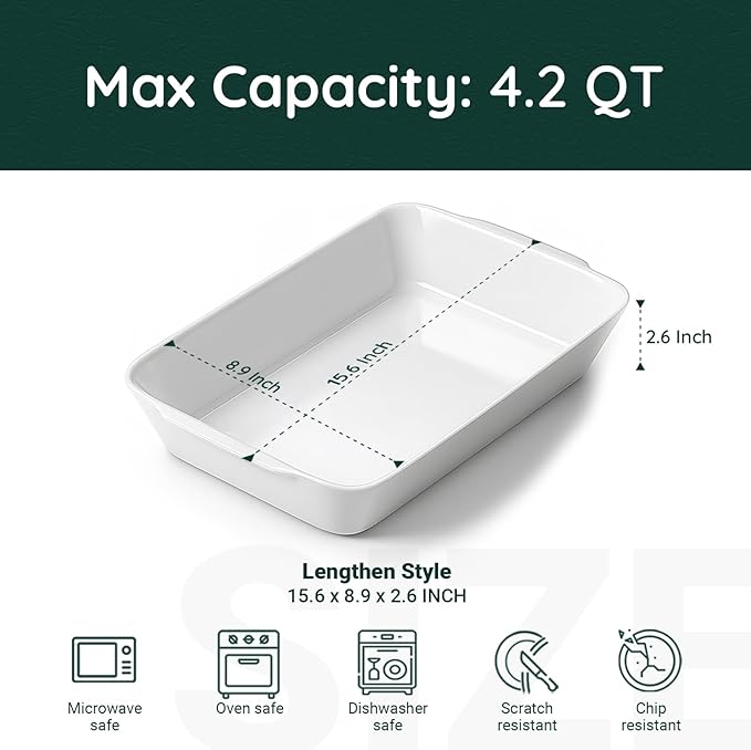 HOMBENE 4.2 QT White Casserole Dishes for Oven, Baking dishes with Roasting Racks, Rectangular Lasagna Pan with Handles for Baking, Ceramic Baking Pan, Microwave Oven Safe - Image 2