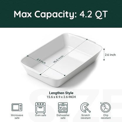 HOMBENE 4.2 QT White Casserole Dishes for Oven, Baking dishes with Roasting Racks, Rectangular Lasagna Pan with Handles for Baking, Ceramic Baking Pan, Microwave Oven Safe - Image 2