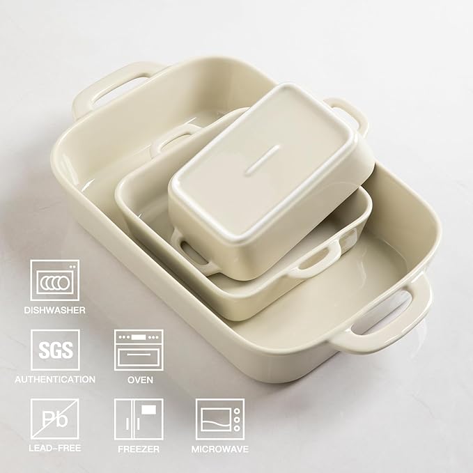 Sweejar Ceramic Bakeware Set, Rectangular Baking Dish for Cooking, Kitchen, Cake Dinner, Banquet and Daily Use, Casserole Dishes for Oven Porcelain Baking Pans (Beige) - Image 3