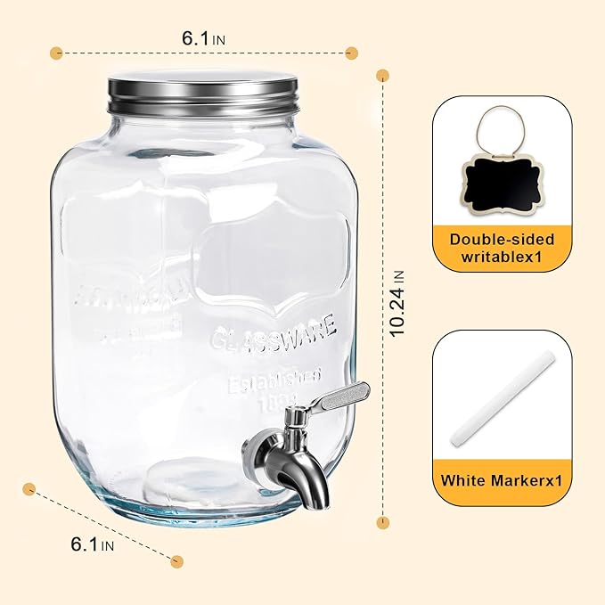 1 Gallon Glass Drink Dispensers For Parties,Beverage Dispenser,304 Stainless Steel Spigot Leakproof,Lemonade Dispenser for Sun Tea, Homemade Juice