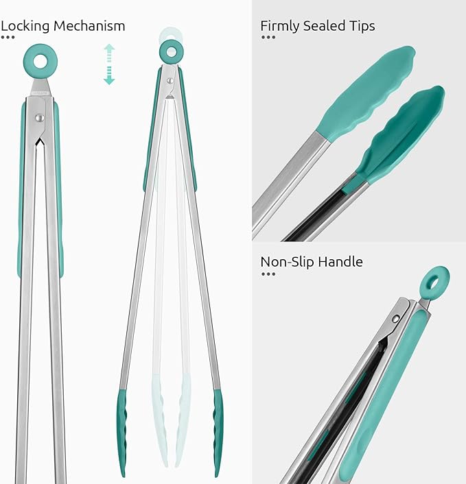 600ºF Heat Resistant Kitchen Tongs: U-Taste 16 in Extra Long Large Silicone Cooking Tong with Sturdy Non Stick Rubber Tips & Non Slip Silicon Coated 18/8 Stainless Steel Handle for Grill BBQ(Aqua Sky) - Image 6