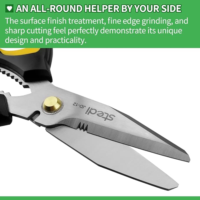 Stedi Scissors Heavy Duty 8-Inch,Multipurpose Scissors,Sharp Stainless Steel Shears with Serrated Edge & Protective Cover,Non-Slip Handle,Easy Cutting Cardboard, Carpet,Leather, Fabric, Wires, Yellow - Image 3