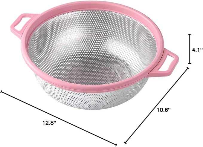 HiramWare Stainless Steel Colander With Handle and Legs, Large Metal Pink Strainer for Pasta, Spaghetti, Berry, Veggies, Fruits, Noodles, Salads, 5-quart 10.5” Kitchen Mesh Colander, Dishwasher Safe - Image 8