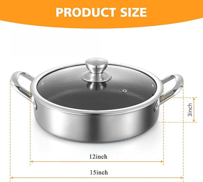 Toutrop Stainless Steel Saute Pan 12 inch Deep Frying Pan,5 Quarts Nonstick Skillet Large Sauté Pan with Lid,PFOA Free Cookware,Induction Compatible Chef Cooking Pan,Dishwasher & Oven Safe